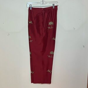 Silkland Size 10 Burgundy Red Silk Women’s Cropped Pants Embroidered Monkeys